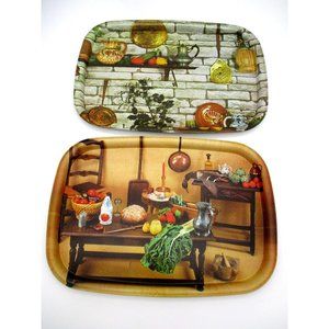 Set of 2 Vintage Metal TV Lap SERVING TRAYS * Fruit Veggies More